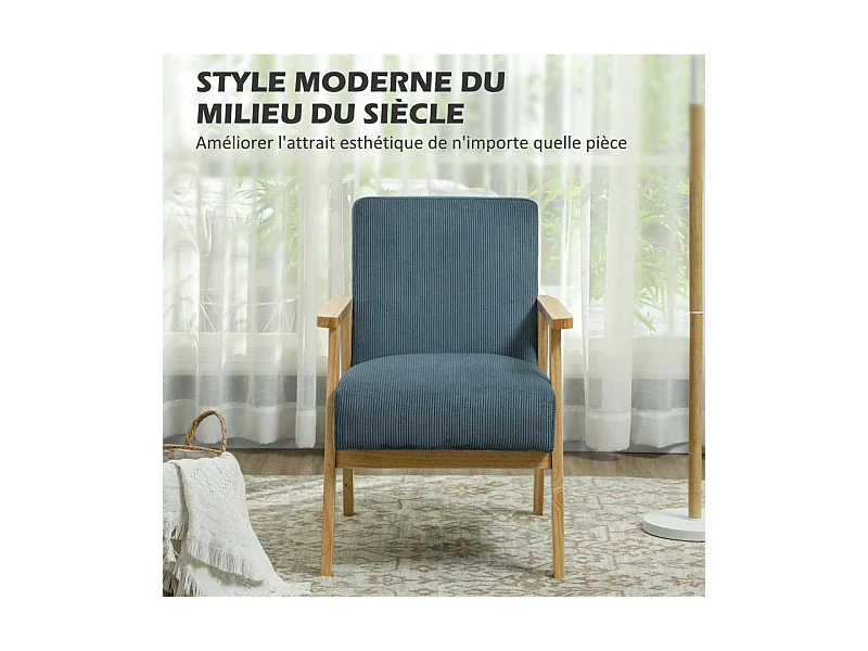 Fauteuil lounge style nordique bois hévéa velours côtelé bleu