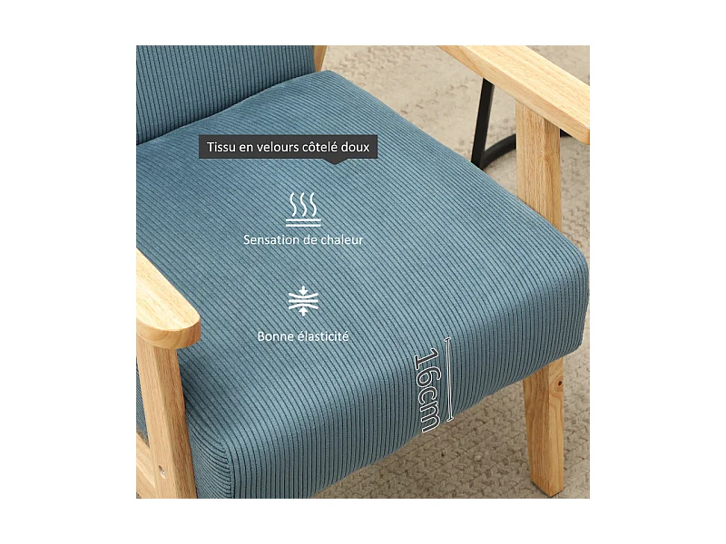 Fauteuil lounge style nordique bois hévéa velours côtelé bleu