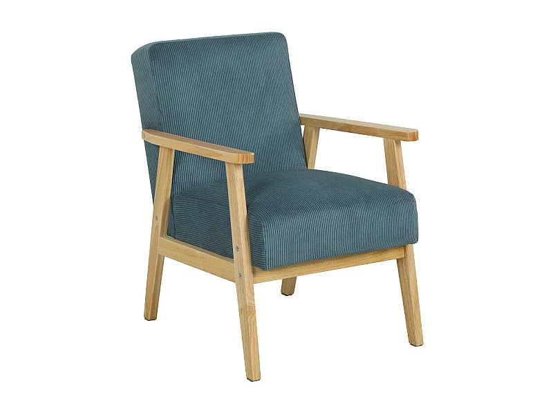 Fauteuil lounge style nordique bois hévéa velours côtelé bleu