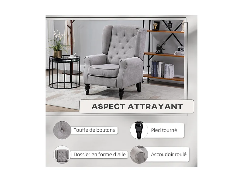 Fauteuil capitonné REYNALD gris