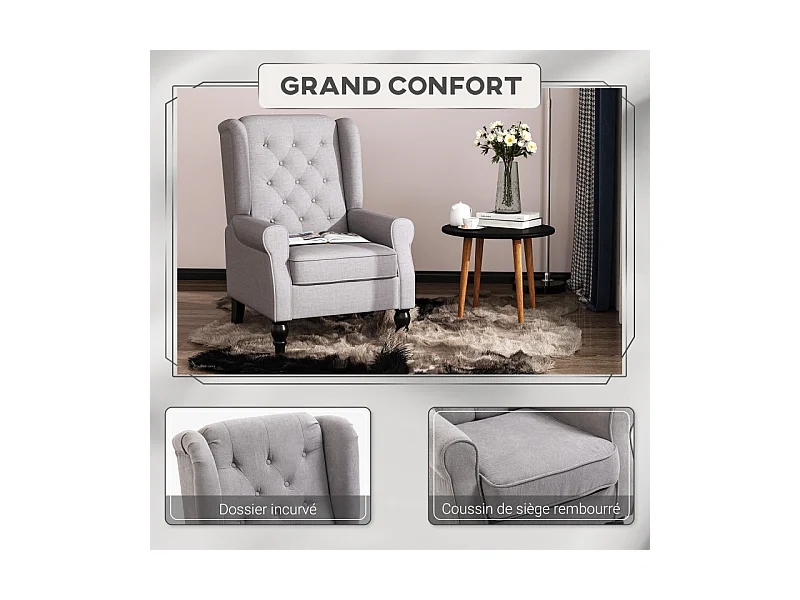 Fauteuil capitonné REYNALD gris