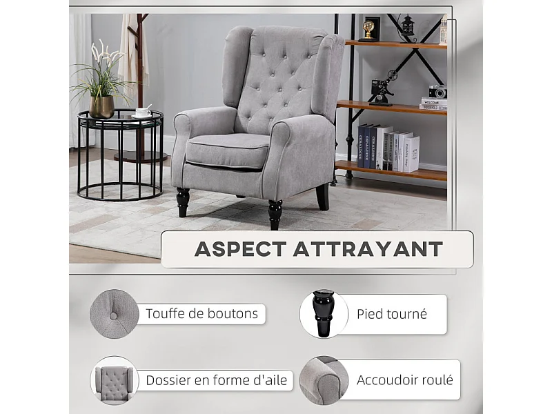 Fauteuil capitonné REYNALD gris