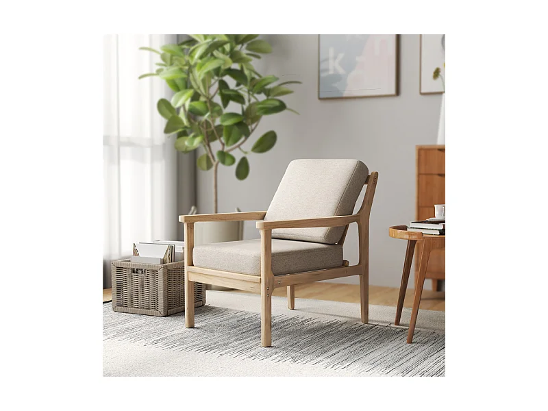 Fauteuil lounge style nordique bois naturel tissu beige