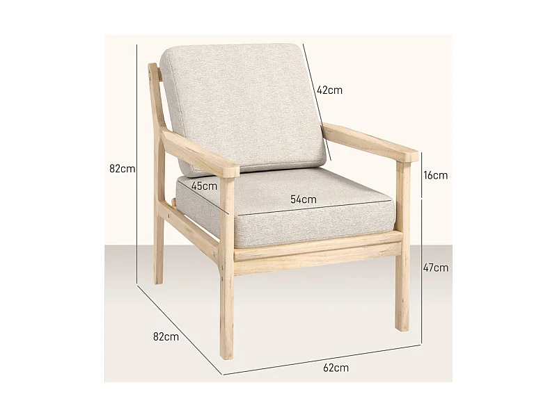 Fauteuil lounge style nordique bois naturel tissu beige