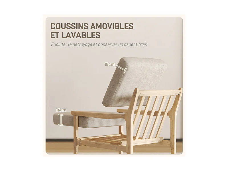 Fauteuil lounge style nordique bois naturel tissu beige