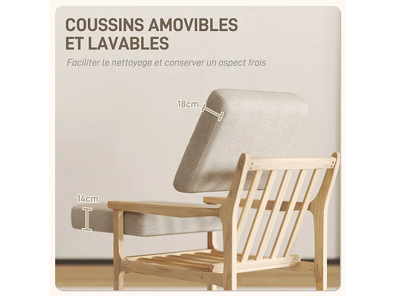 Fauteuil lounge style nordique bois naturel tissu beige