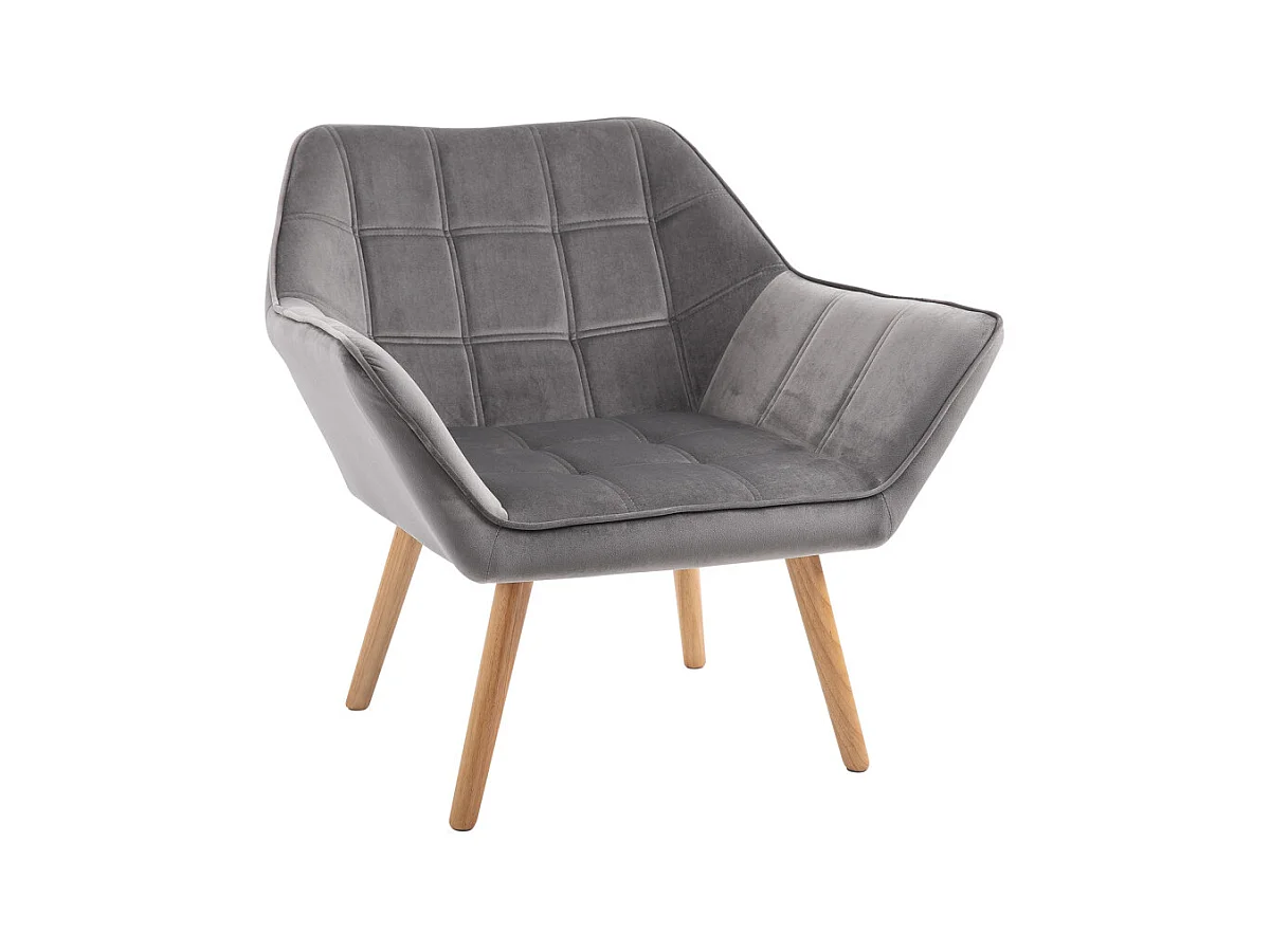 Fauteuil salon design scandinave enveloppant bois velours effet capitonné gris