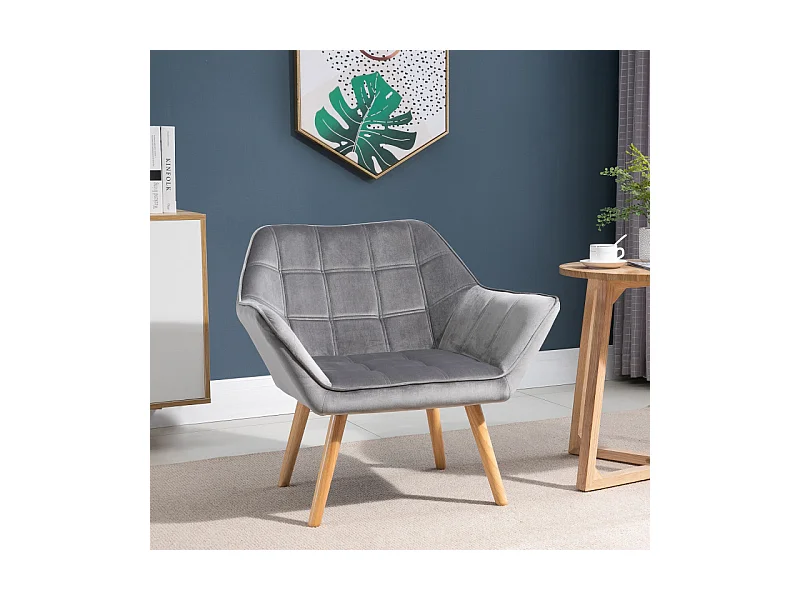 Fauteuil salon design scandinave enveloppant bois velours effet capitonné gris