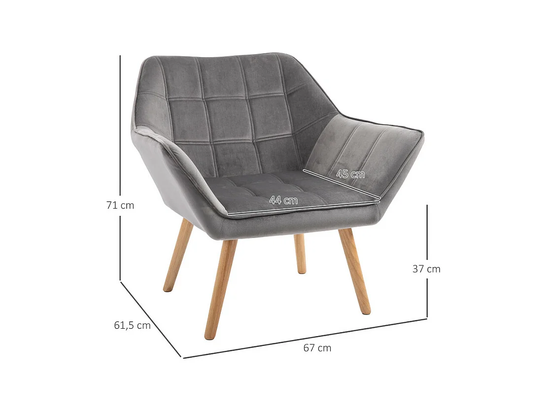 Fauteuil salon design scandinave enveloppant bois velours effet capitonné gris