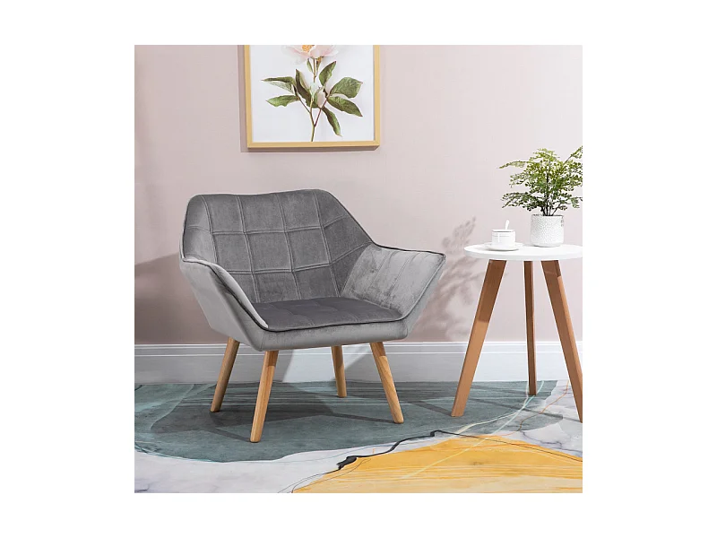 Fauteuil salon design scandinave enveloppant bois velours effet capitonné gris