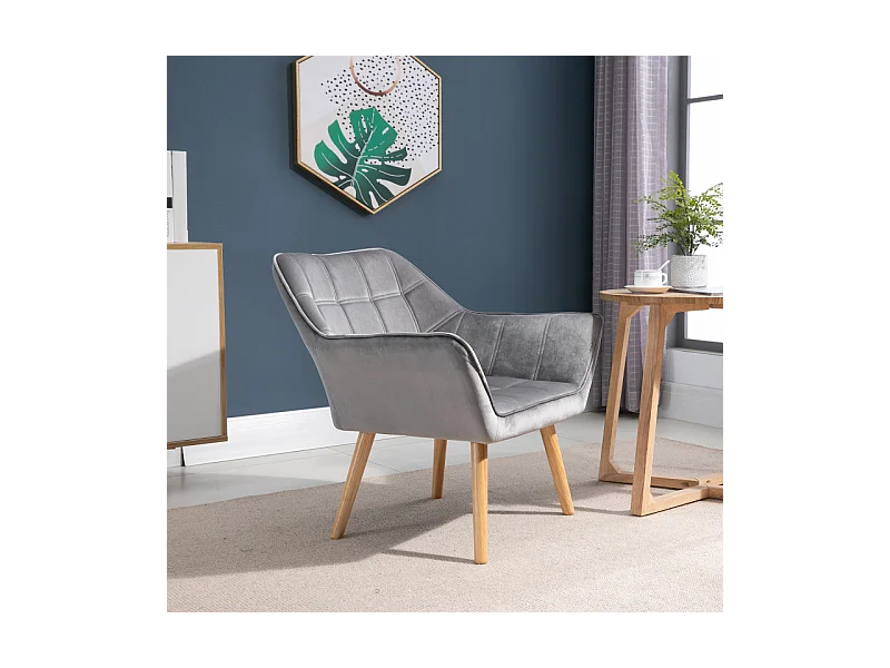 Fauteuil salon design scandinave enveloppant bois velours effet capitonné gris
