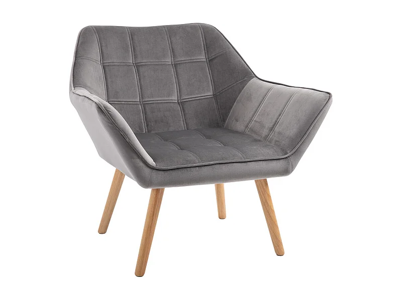 Fauteuil salon design scandinave enveloppant bois velours effet capitonné gris