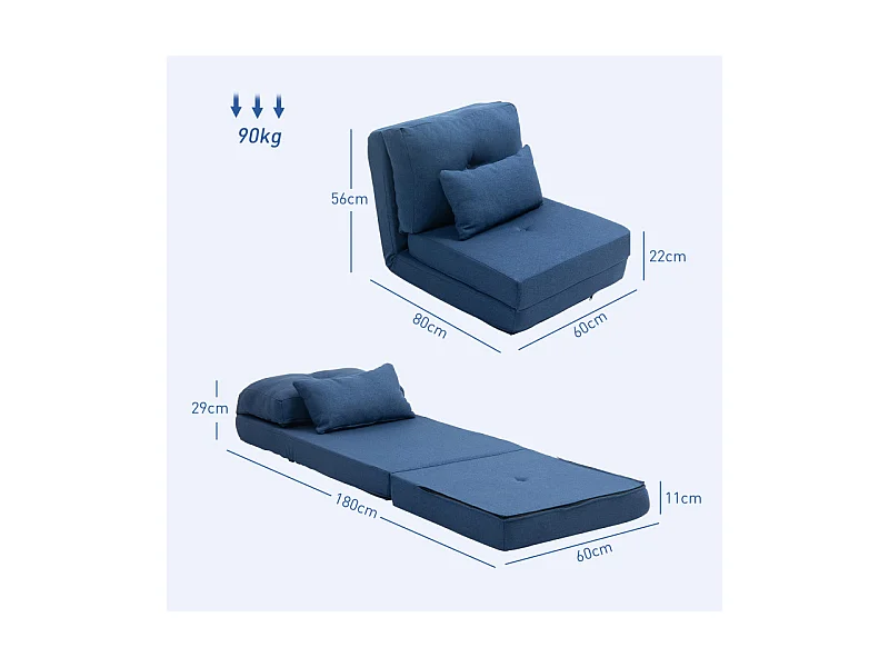 Chauffeuse dossier inclinable avec coussin ALBINA bleu foncé
