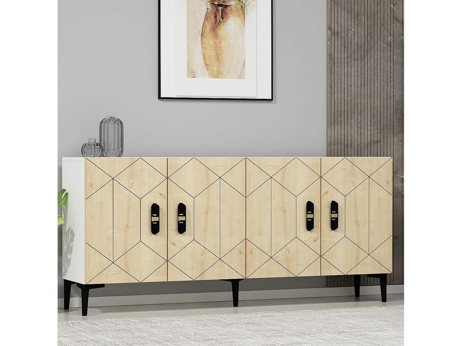 Aparador – 150 cm x 75 cm x 35 cm – Branco e Carvalho Safira – Painéis de partículas revestidos a melamina