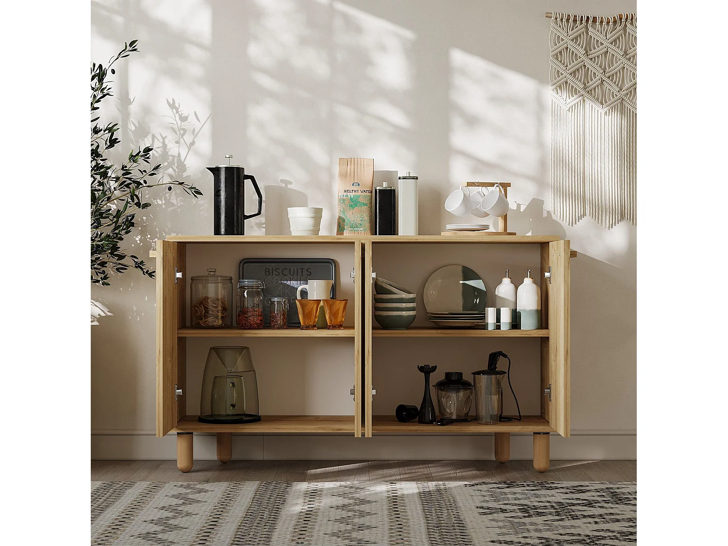 Aparador de madeira – 120 cm x 73.6 cm x 29.6 cm – Carvalho safira – Painel de partículas revestido a melamina