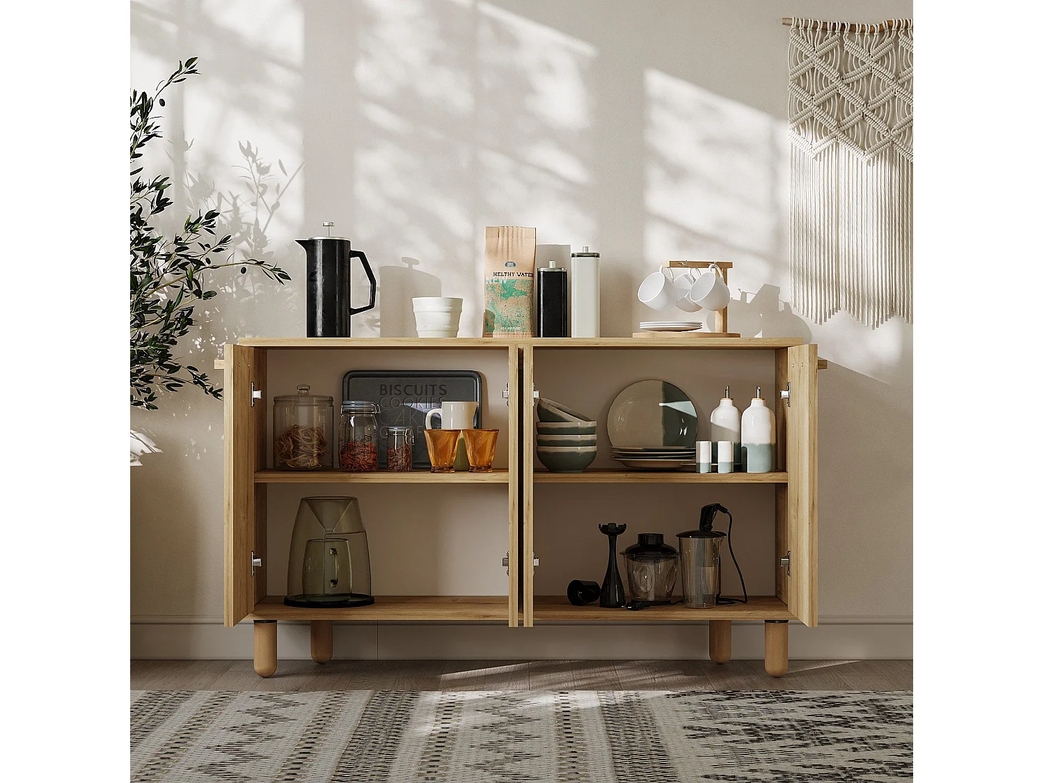 Aparador de madeira – 120 cm x 73.6 cm x 29.6 cm – Carvalho safira – Painel de partículas revestido a melamina