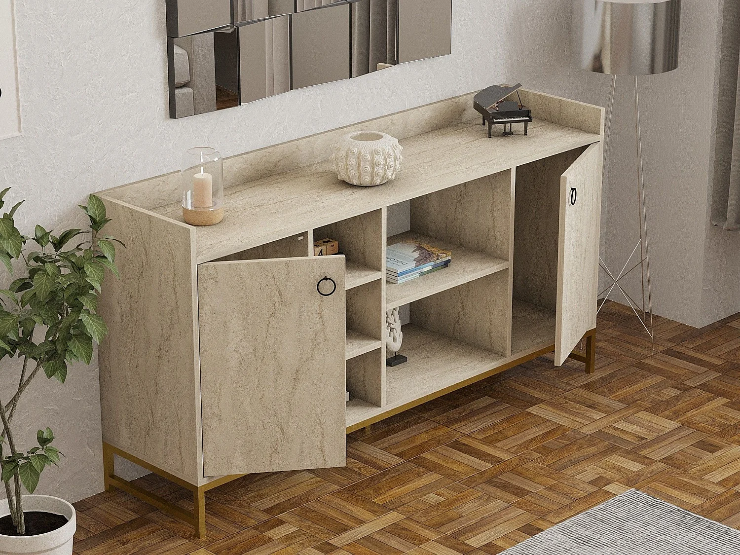 Aparador – 160 x 85 x 40 cm – Color Travertino – Tablero de Partículas