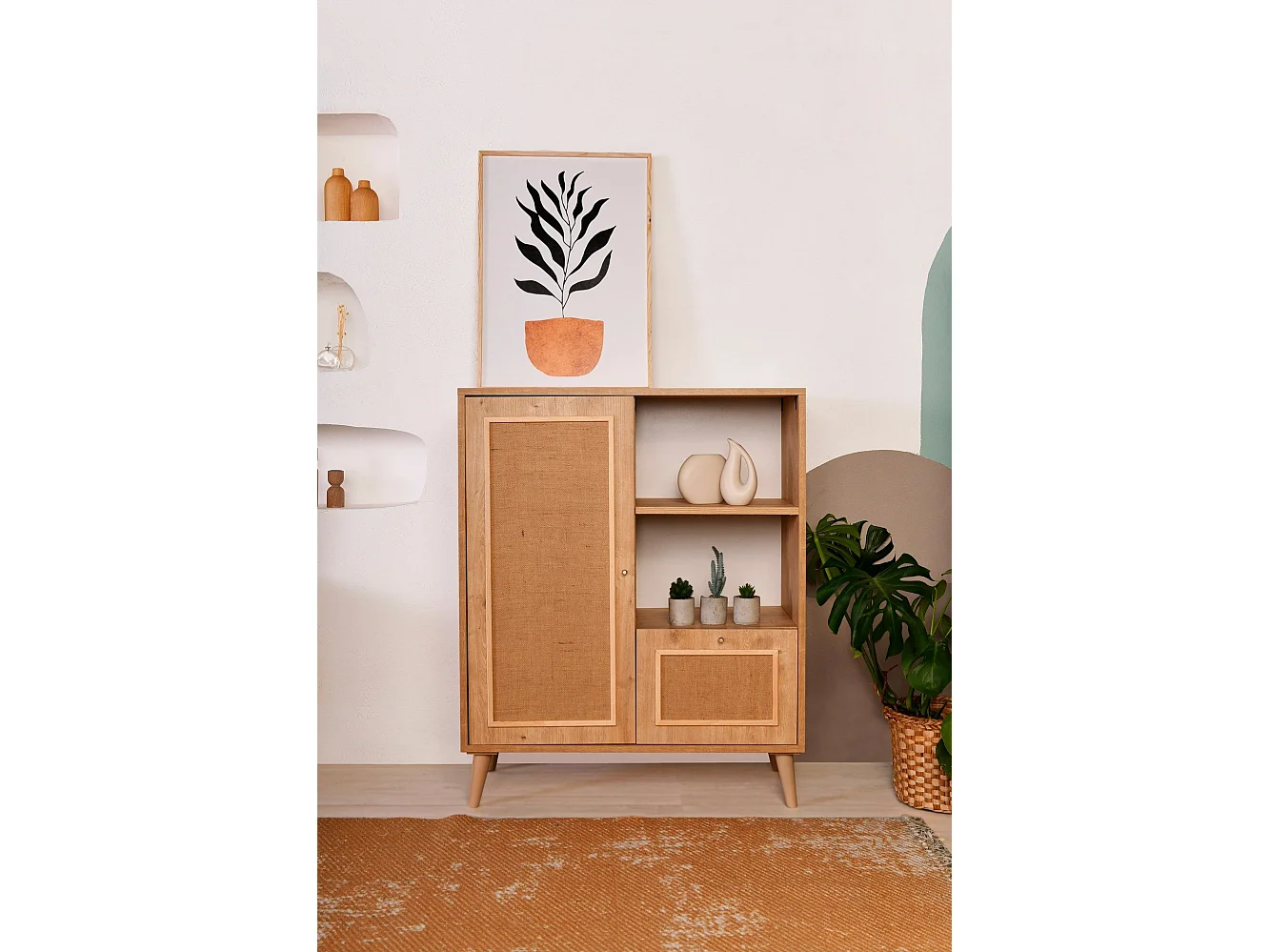 Buffet haut 2 portes Toile de Jute Londi H110cm Bois de charme massif clair