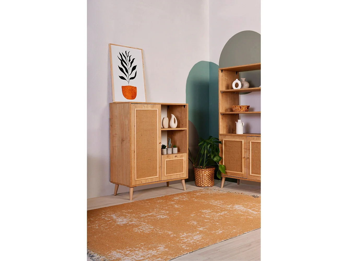 Buffet haut 2 portes Toile de Jute Londi H110cm Bois de charme massif clair