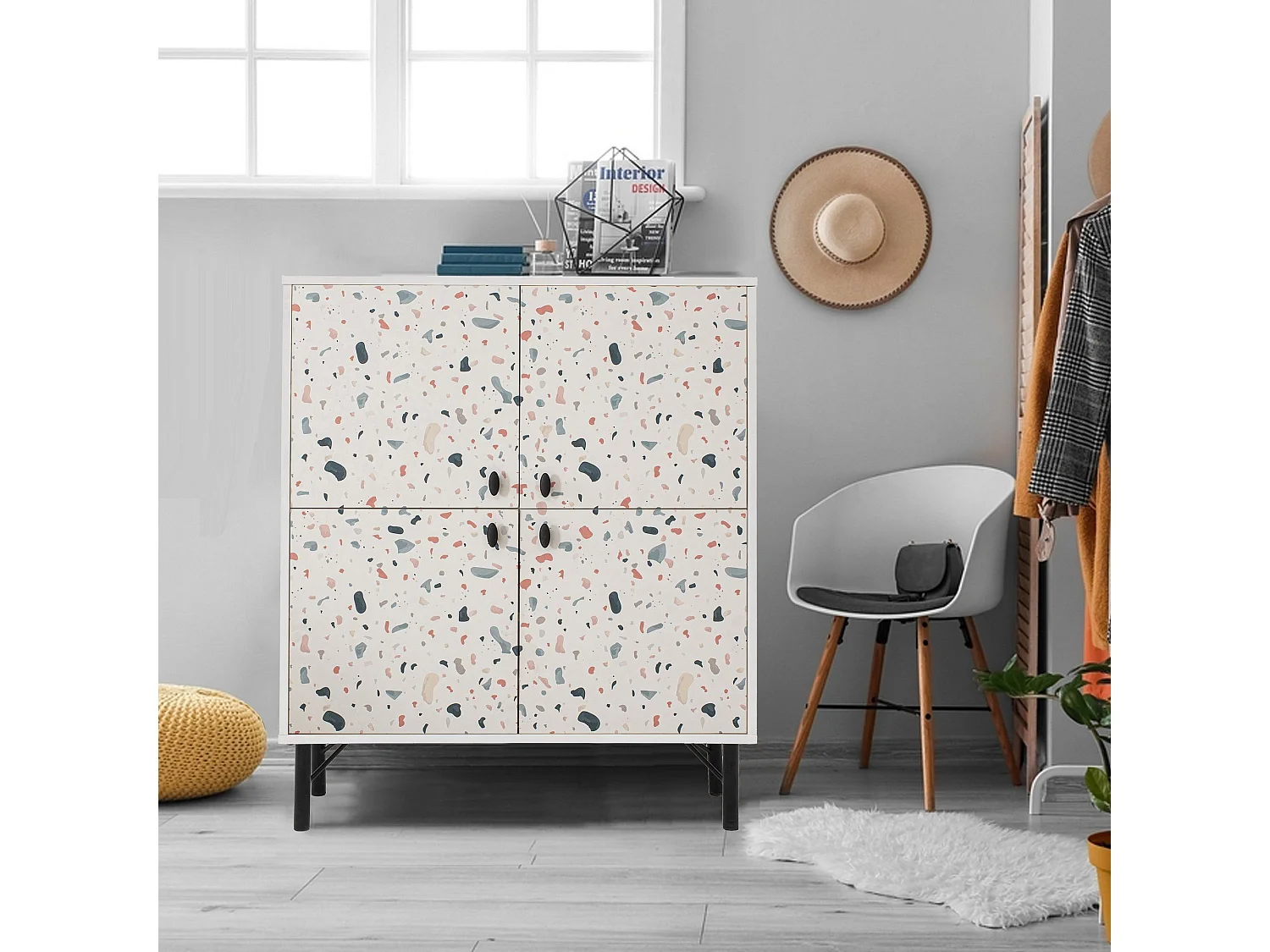 Buffet style contemporain Stilly L95cm Blanc Motif Taches Multicolore
