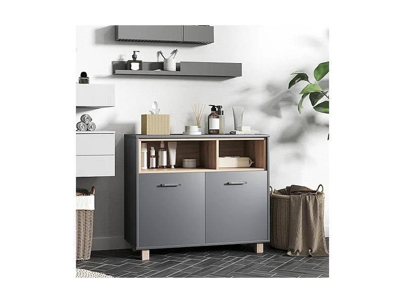 Meuble bas salle de bain BANNY gris et bois