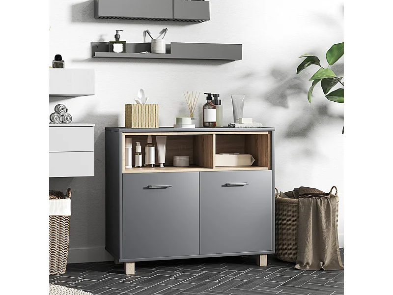 Meuble bas salle de bain BANNY gris et bois