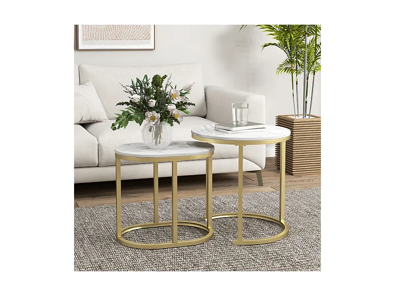 Lot de 2 tables basses gigognes THANIS aspect marbre et doré