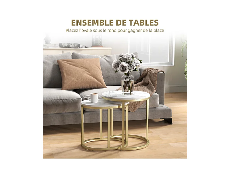Lot de 2 tables basses gigognes THANIS aspect marbre et doré