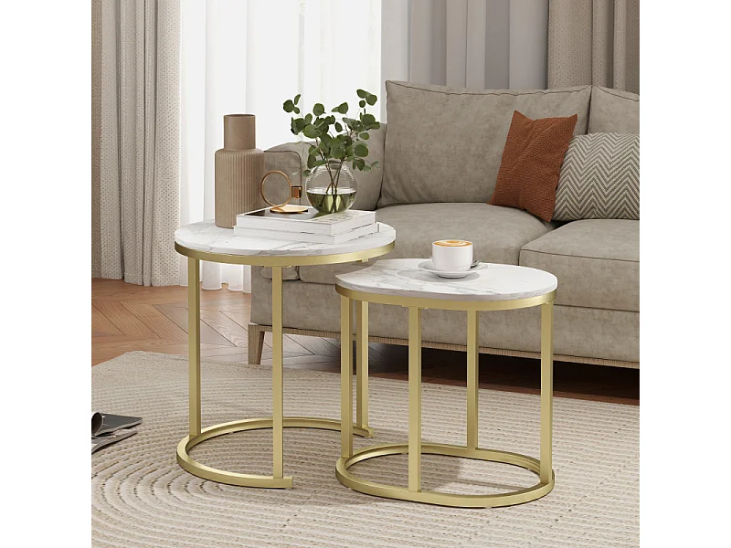 Lot de 2 tables basses gigognes THANIS aspect marbre et doré