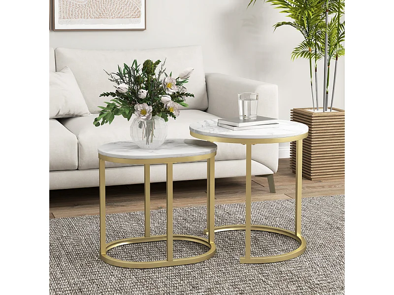 Lot de 2 tables basses gigognes THANIS aspect marbre et doré