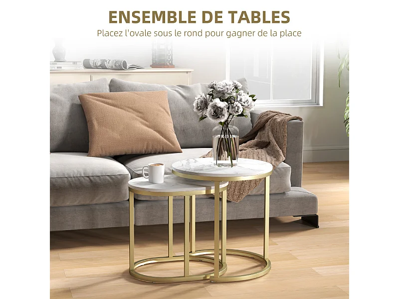 Lot de 2 tables basses gigognes THANIS aspect marbre et doré