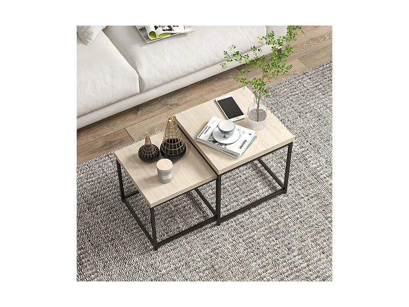 Lot de 2 tables basses carrées gigognes TOM noires et chêne clair