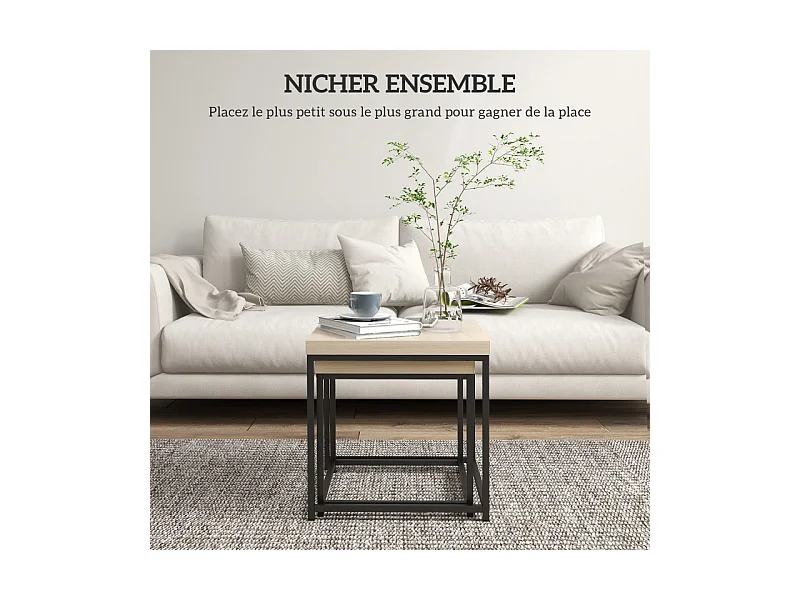 Lot de 2 tables basses carrées gigognes TOM noires et chêne clair