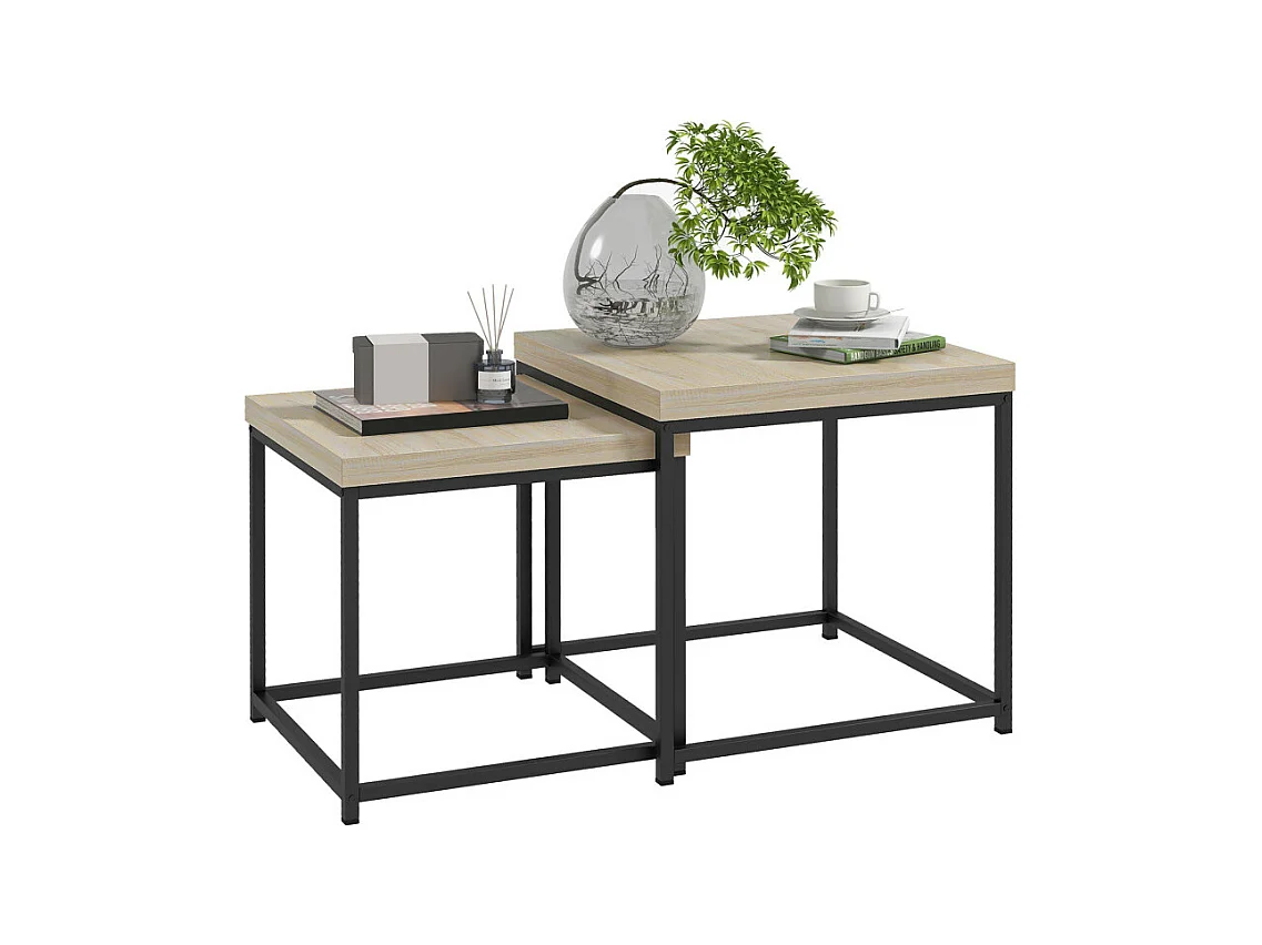 Lot de 2 tables basses carrées gigognes TOM noires et chêne clair