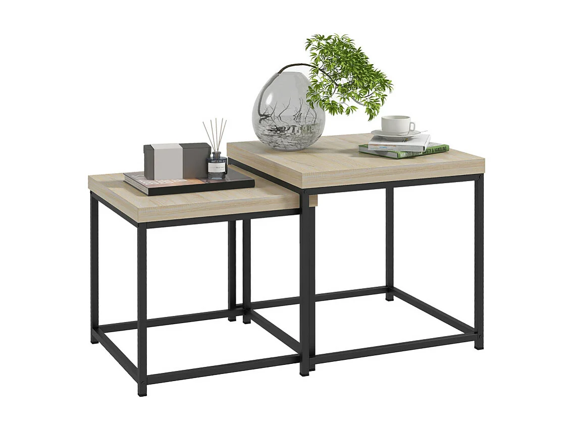 Lot de 2 tables basses carrées gigognes TOM noires et chêne clair