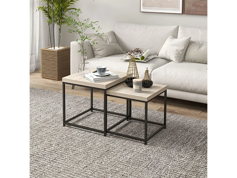 Lot de 2 tables basses carrées gigognes TOM noires et chêne clair