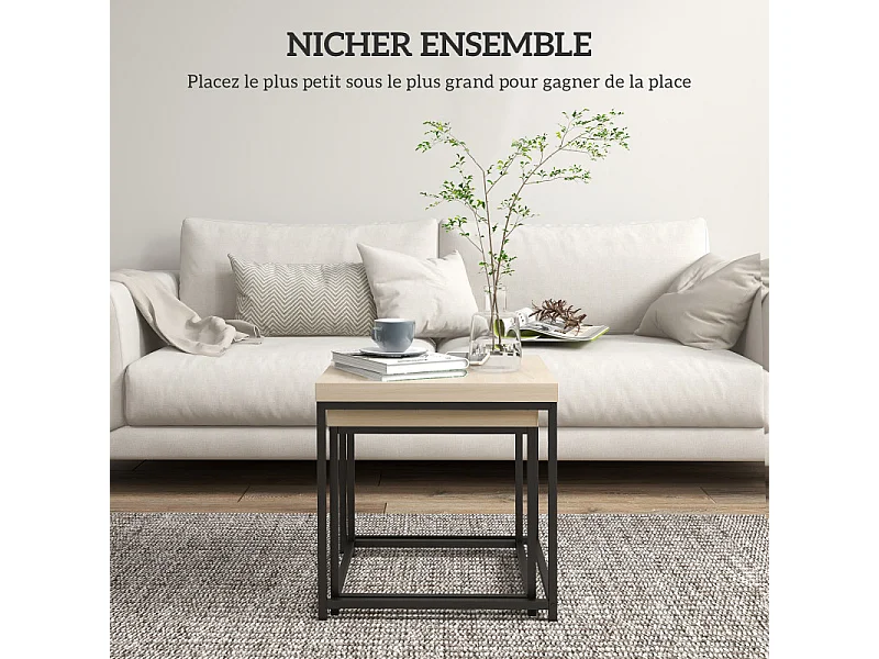 Lot de 2 tables basses carrées gigognes TOM noires et chêne clair