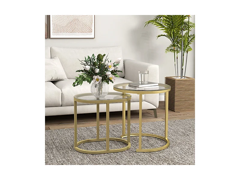 Lot de 2 tables basses gigognes LEONIS verre trempé et doré