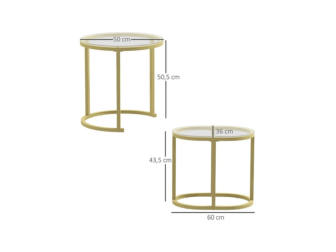Lot de 2 tables basses gigognes LEONIS verre trempé et doré