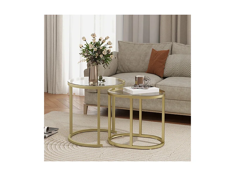 Lot de 2 tables basses gigognes LEONIS verre trempé et doré