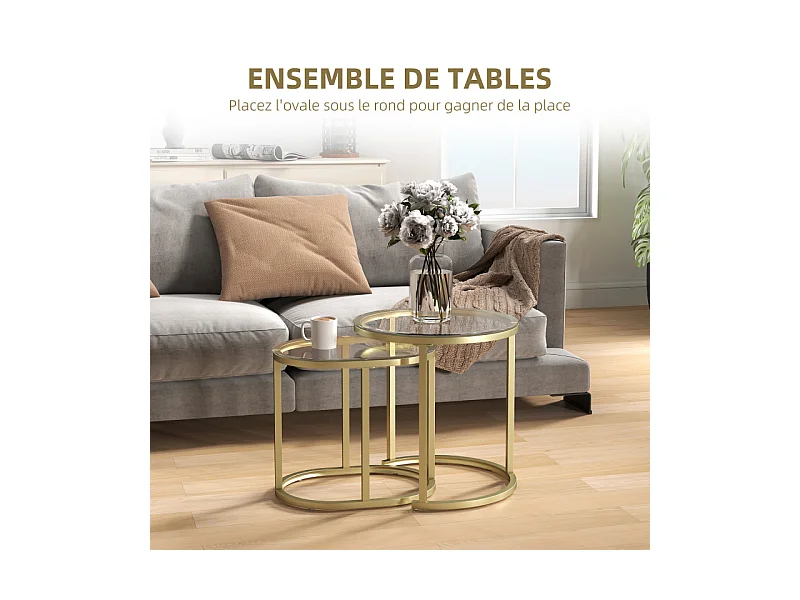 Lot de 2 tables basses gigognes LEONIS verre trempé et doré