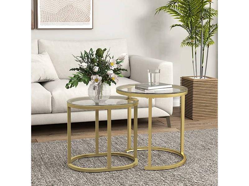 Lot de 2 tables basses gigognes LEONIS verre trempé et doré