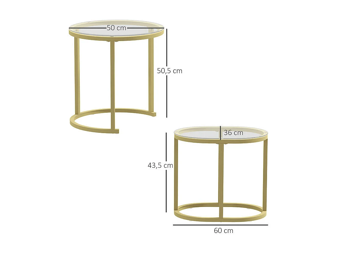 Lot de 2 tables basses gigognes LEONIS verre trempé et doré