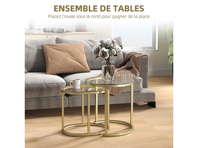 Lot de 2 tables basses gigognes LEONIS verre trempé et doré