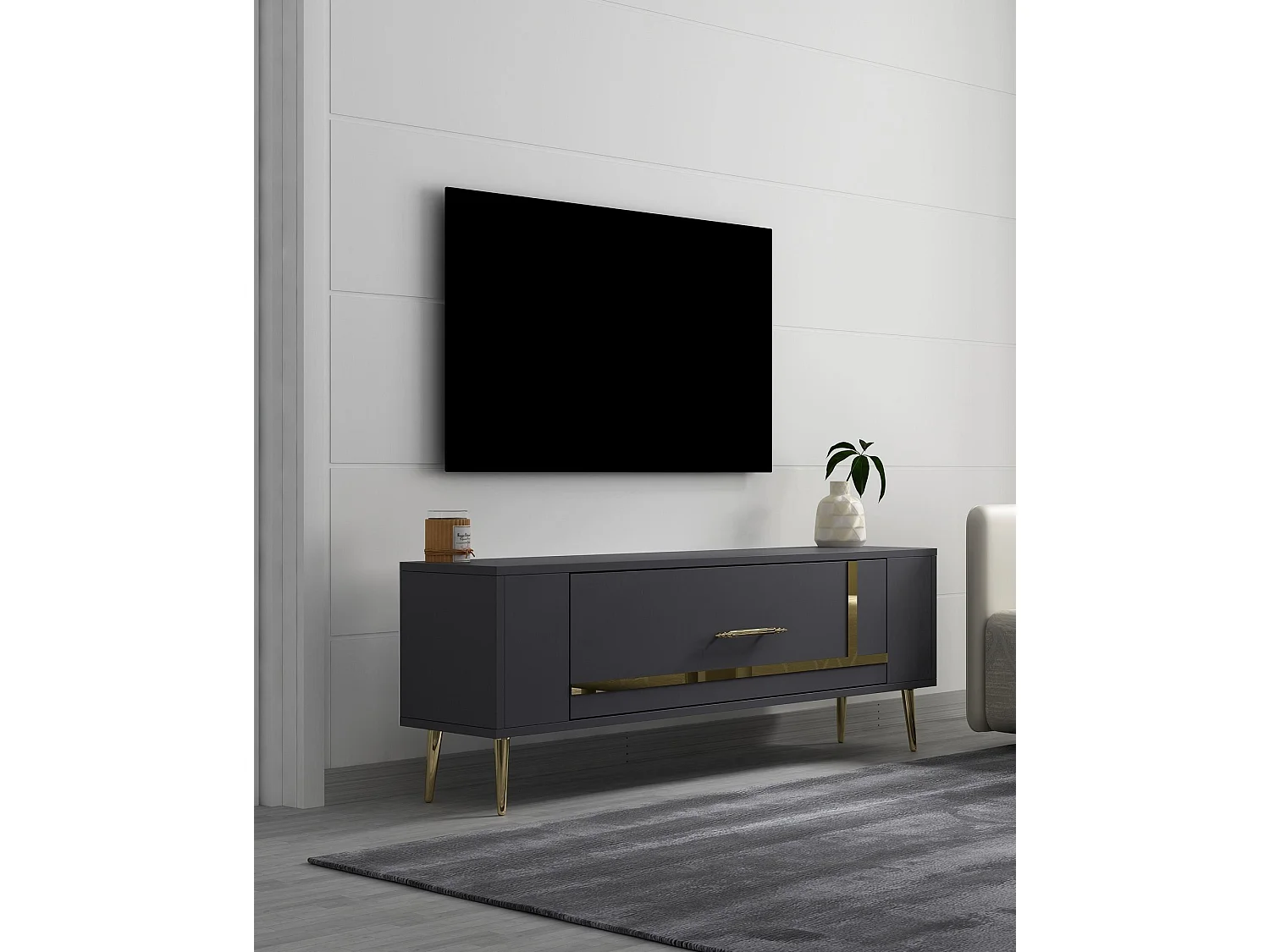TV-Ständer – 120 cm x 48,2 cm x 26,4 cm – Anthrazit und Gold – Melamin