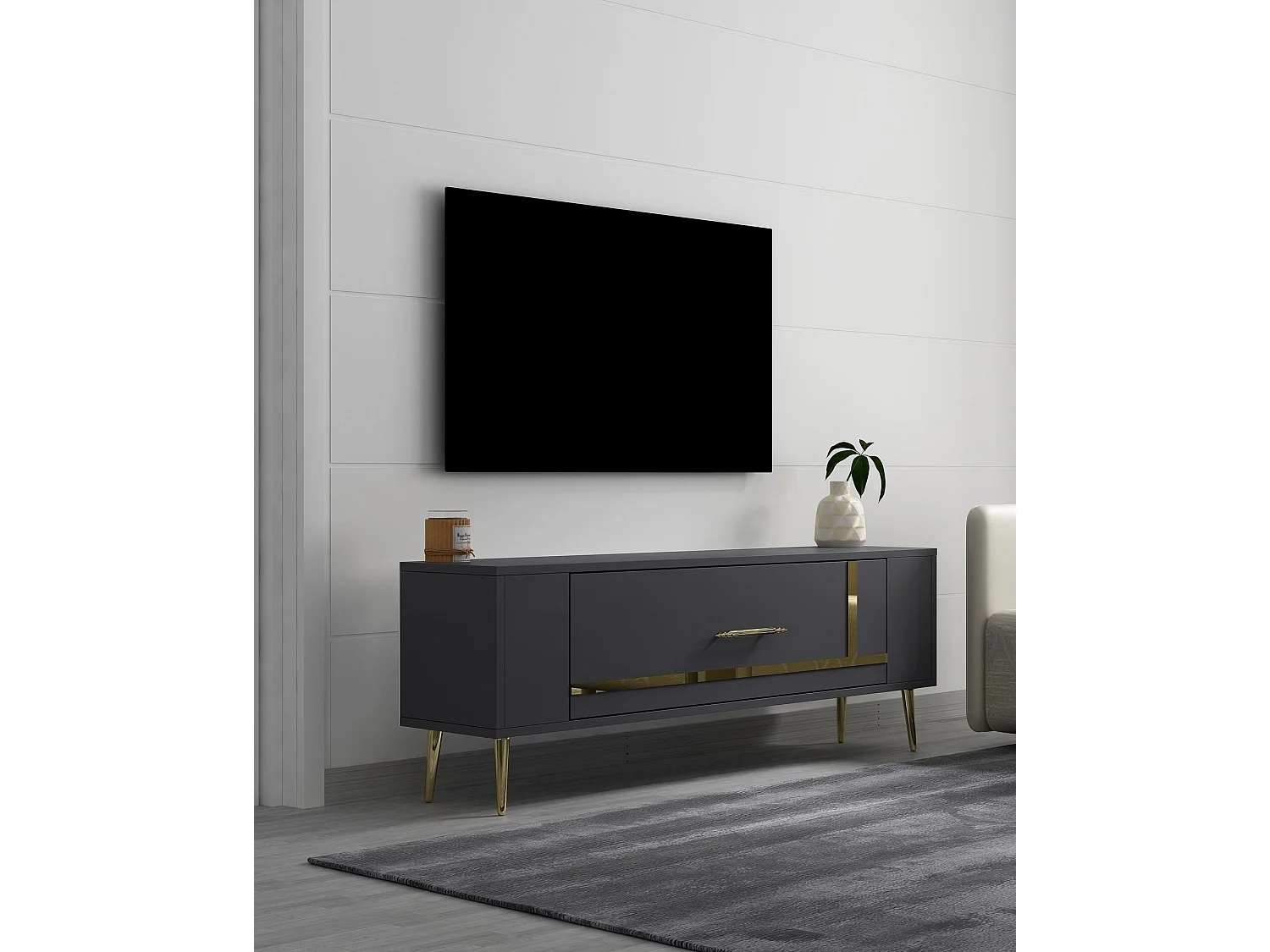 TV-Ständer – 120 cm x 48,2 cm x 26,4 cm – Anthrazit und Gold – Melamin