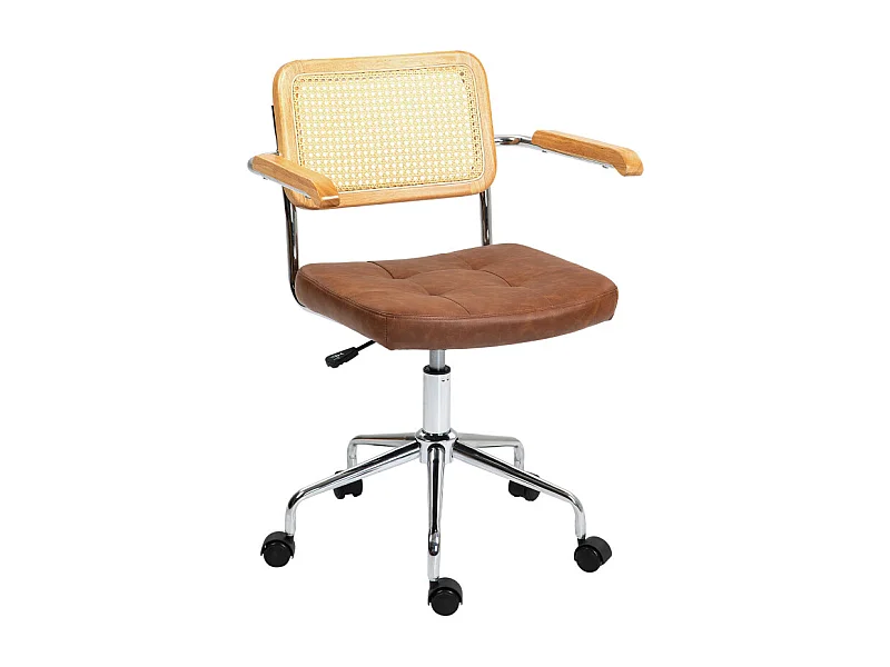 Chaise de bureau vintage acier bois effet capitonné rotin