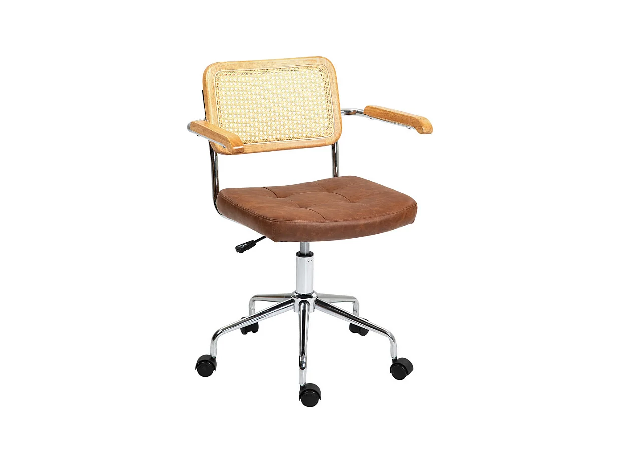 Chaise de bureau vintage acier bois effet capitonné rotin