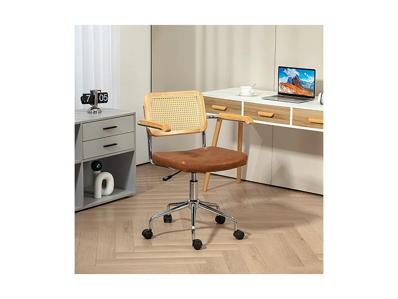 Chaise de bureau vintage acier bois effet capitonné rotin
