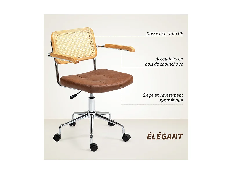 Chaise de bureau vintage acier bois effet capitonné rotin